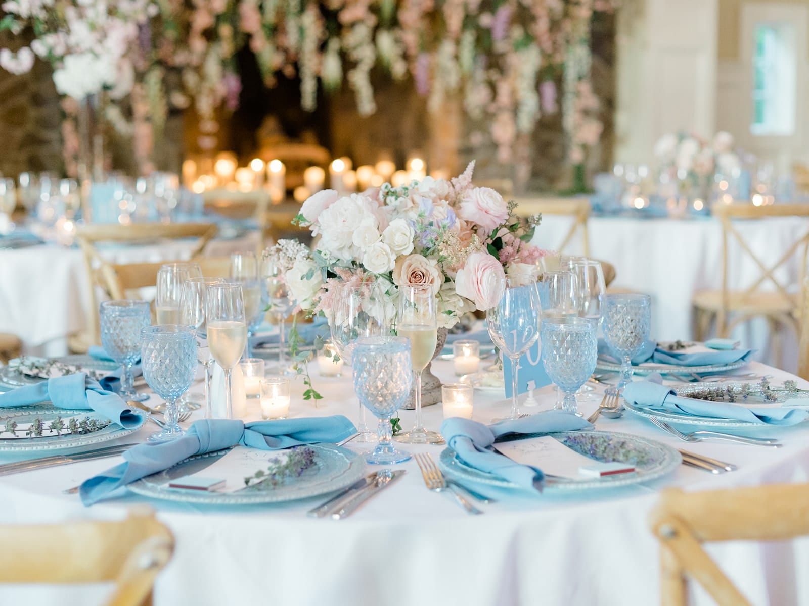 blue blush white wedding details floral