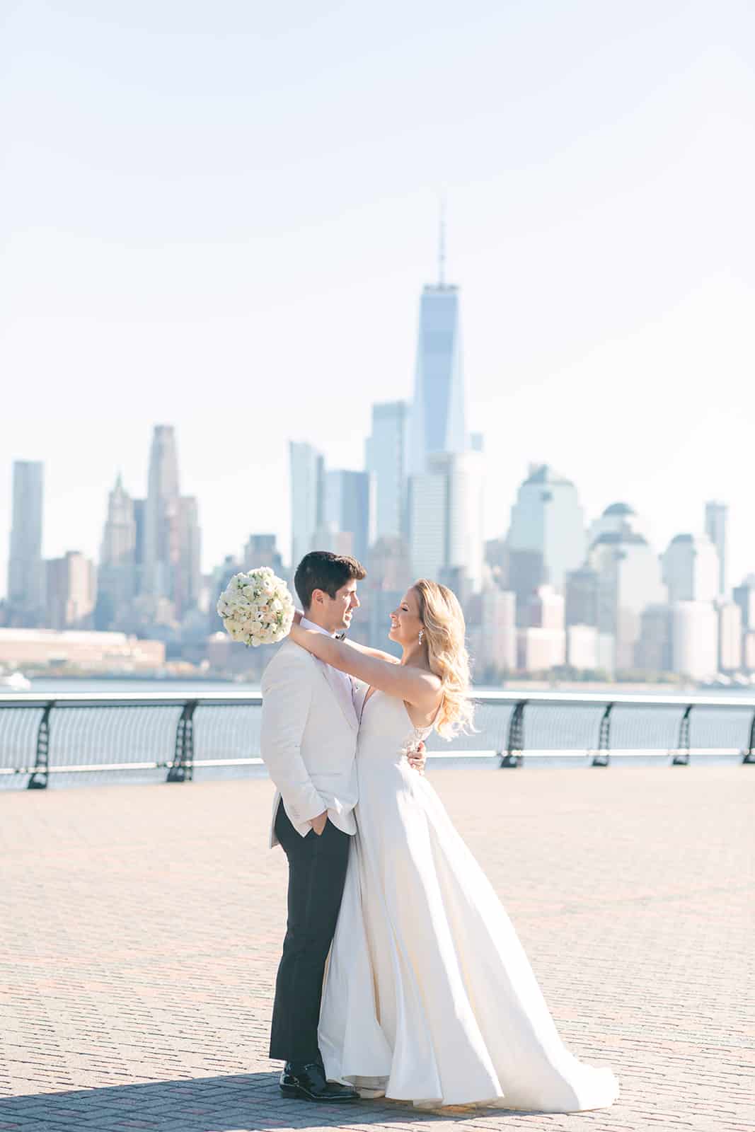 Hudson River NYC skyline wedding bride and groom