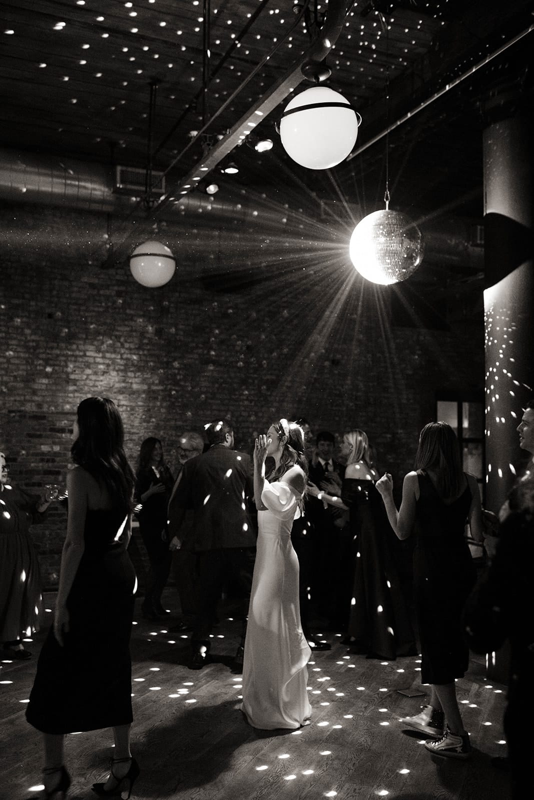 brooklyn new york wedding disco ball reception black and white photography